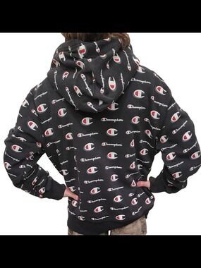 Champion Black Logo All-Over Print Kids Hoodie Sz Medium